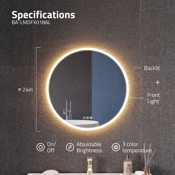 24in Dia. LED Front/Back Lighting Bathroom Mirror With Defogger